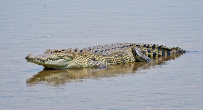 American Crocodile basking in shallow water, reflecting on the surface.