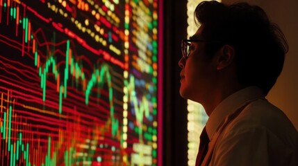 Obraz premium Trader analyzes financial data on multiple glowing screens