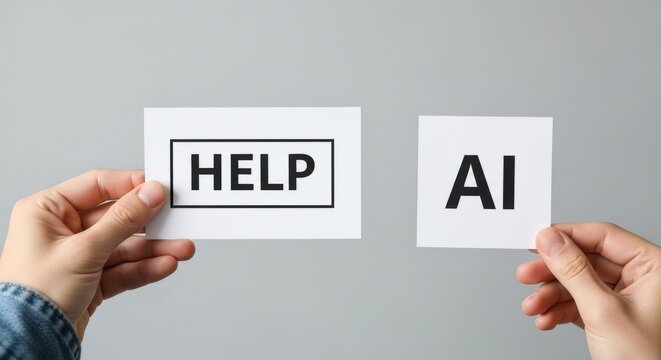 Artificial Intelligence help concept, hands holding cards with AI and HELP text, machine learning assistance and support for business