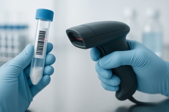 Laboratory scene with microbiologist scanning vial, concept of food science