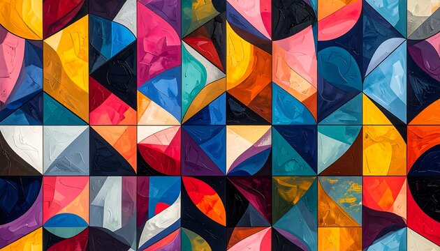 A geometric pattern of vibrant shapes and colors, resembling painted tiles in a dynamic, abstract arrangement
