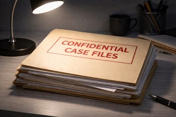 Confidential case files stack on office desk with lamp, documents investigation concept © dvoevnore