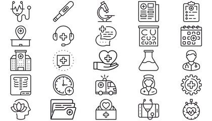 Medical and Healthcare Vector Icon Set Bundle, 25 Black Minimalist Symbols featuring Hospital, Doctor, Nurse, Stethoscope, Ambulance, Microscope, Telemedicine, Mental Health, and Lab Equipment. © Mustafa