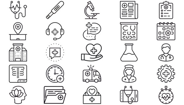 Medical and Healthcare Vector Icon Set Bundle, 25 Black Minimalist Symbols featuring Hospital, Doctor, Nurse, Stethoscope, Ambulance, Microscope, Telemedicine, Mental Health, and Lab Equipment.