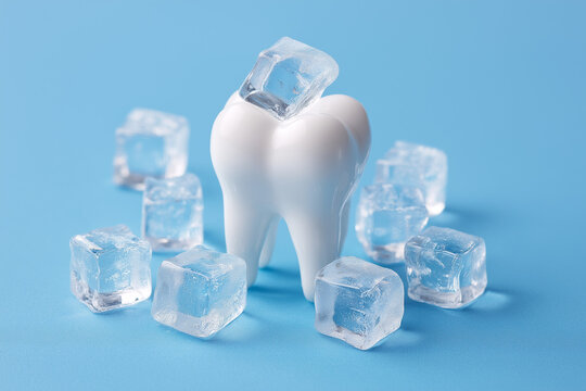Tooth with ice cubes on blue background