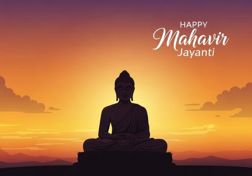 A serene silhouette of lord mahavir in a meditative pose against a beautiful orange sunset sky