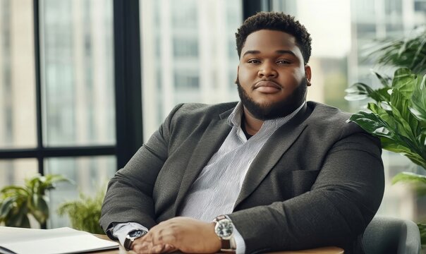 Portrait of confident businessman sitting at a desk in a modern office setting looking at camera