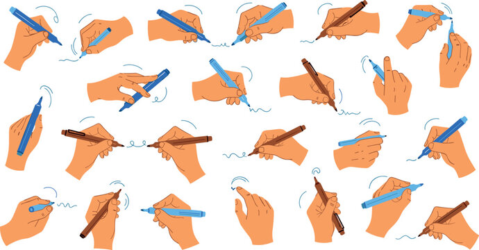Collection of hands holding pens writing and drawing in various angles flat vector illustration isolated on white background