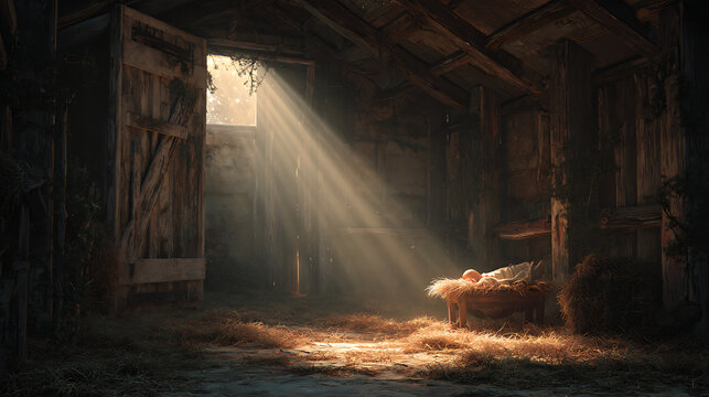 A serene nativity scene with a baby in a manger inside a rustic barn lit by a beam of light