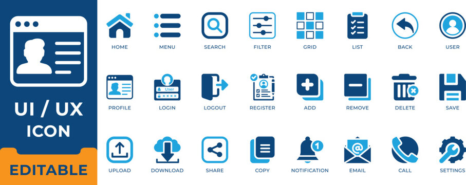 UI & UX essential icon set. User interface, web design, app navigation, login profile, settings, dashboard menu and contact vector symbols for mobile application.