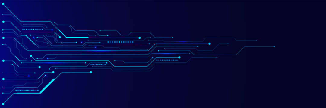 Circuit board lines connection with electronic components on technology dark blue background vector. Semiconductor and AI chip elements. Design for web banner, poster and presentation.