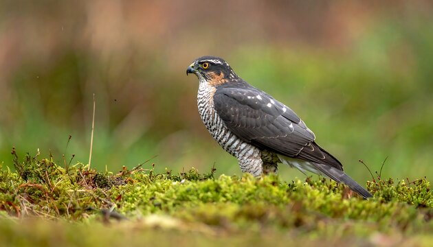 A sharp-shinned hawk perched on green moss with a blurred background, side view