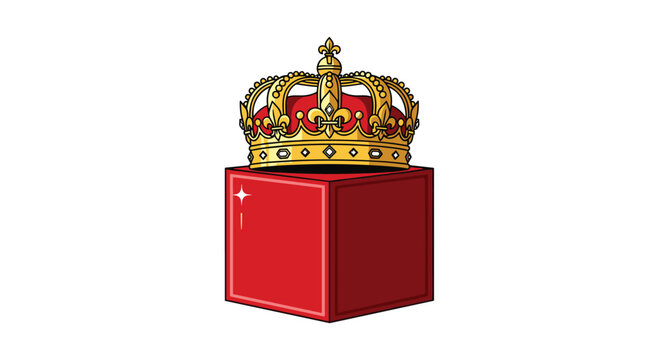 An exquisite ornate golden crown with red velvet lining sits majestically on top of a solid red cube featuring a subtle white light sparkle effect.