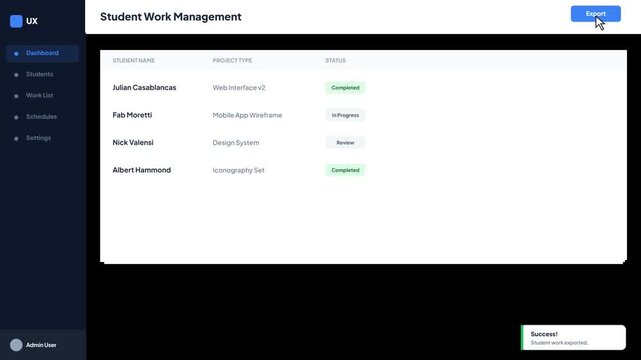 Student Work Management Software Dashboard Showing Project Status List and Data Export Success Message