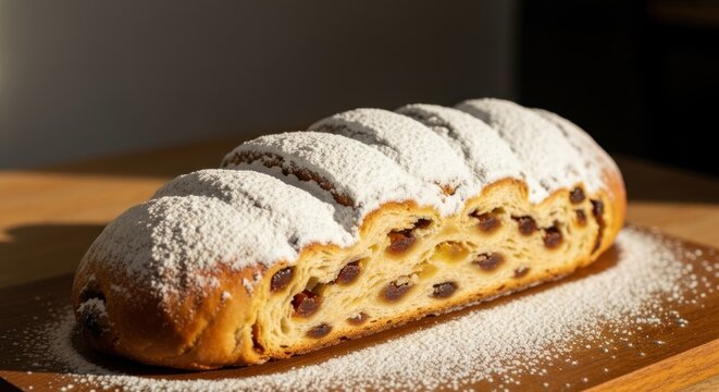 Delicious Stollen Bread with Raisins and Powdered Sugar.
