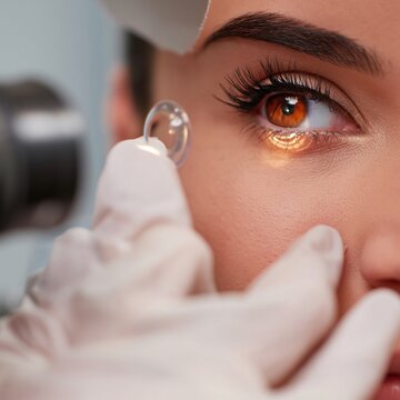 Augenarzt h&auml;lt Kontaktlinse an das Auge einer Patientin mit Lampe