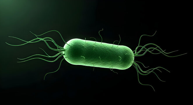 Green bacteria with multiple flagella on a dark background, illustrating a microorganism with whiplike structures for movement