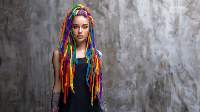 Frau mit bunten Regenbogen-Dreadlocks als kreativem Haarschmuck