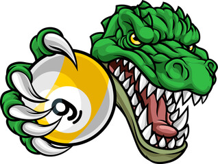 Cartoon reptile lizard alligator crocodile or dinosaur sports team mascot holding a billiards pool 9 ball or nine ball. © Christos Georghiou
