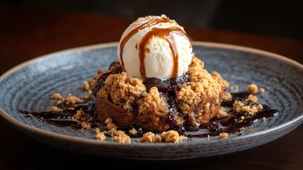 A dark moody dessert plate with banana bread cobbler and ice cream