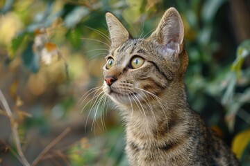 Fototapeta premium Tabby cat intently observing surroundings with green foliage background