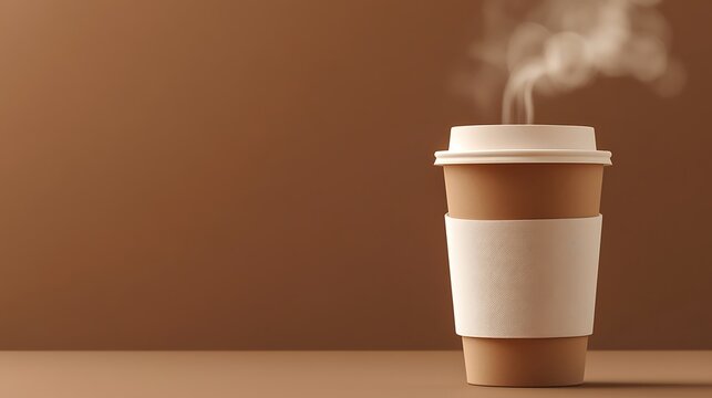 A steaming hot coffee cup with a white lid and sleeve sits on a brown surface against a matching brown background