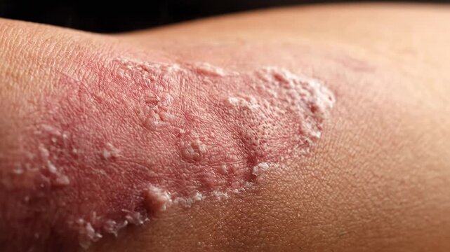Close-up of human skin with a red, irritated patch, and some flaking