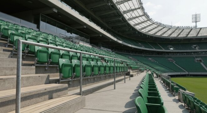 Empty green seats at a stadium, showcasing architecture and design.