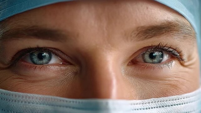 Focused Gaze: An eye-level close-up of the bright, focused eyes of a healthcare professional in uniform, embodying compassion, concentration, and expertise.