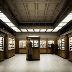 Naklejka premium People examining books in a vast, well-lit library