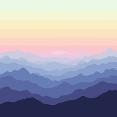 Fototapeta premium Minimalist vector illustration of layered mountain ranges displayed under a soft pastel colored gradient sky