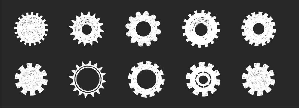 Gear machine wheel icon, cog hand drawn sketch. White chalk rero settings cogs and gears on black background, textured design elements. Setting gear icon. 