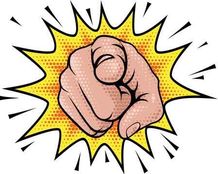 A pointing finger forward wants oe needs you halftone comicbook popart style hand illustration.