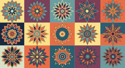 Fifteen stylized floral mandalas in warm, earthy colors arranged in a grid © AJI T
