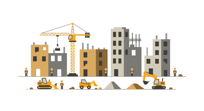 Construction Site Flat Design: Buildings, Cranes, Excavators & Workers