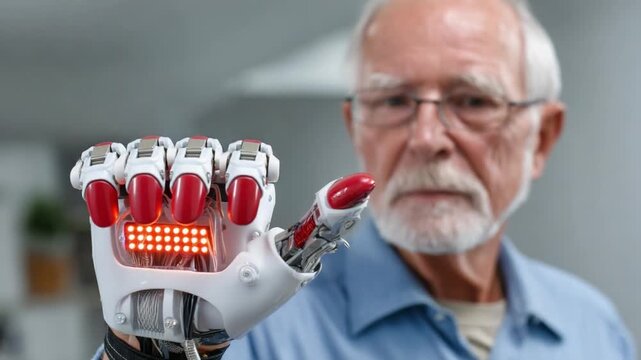 Bionic Hand and Senior: A detailed view of a bionic hand with vibrant red accents extending toward the camera, held by a senior individual, with a soft focus in the background.