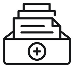 Black line art vector icon illustration of a document storage box with a plus sign, representing adding new files, archiving data, or organizing folders in a minimalist flat design style. © Eshal
