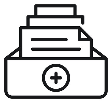 Black line art vector icon illustration of a document storage box with a plus sign, representing adding new files, archiving data, or organizing folders in a minimalist flat design style.