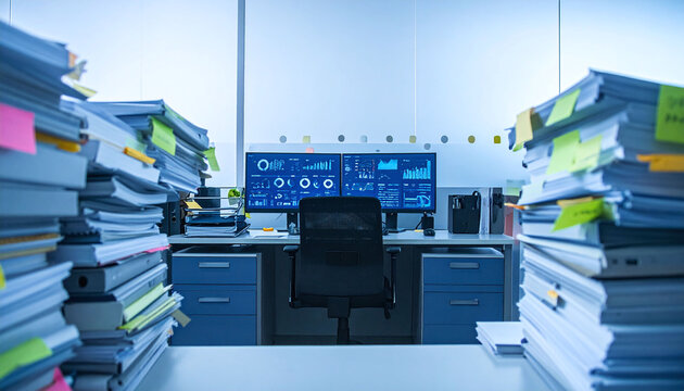 Explore themes of workload and data analysis with this modern office desk flanked by massive paper stacks. Ideal for corporate stress, big data, and business productivity concepts.