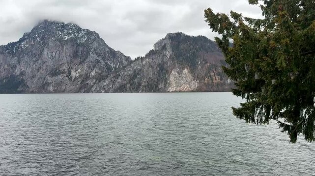 Beautiful view of Traunstein and Traunsee on a cloudy day