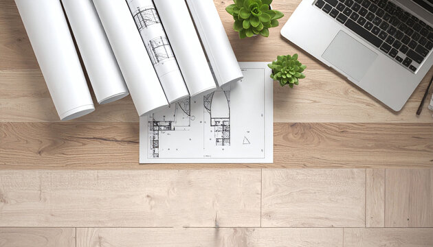 Topdown view of architectural blueprints, a laptop, and succulents on a wooden desk. A professional concept for construction planning, interior design, and growthoriented creative workspaces.