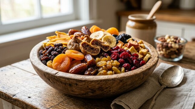 Abundant wooden bowl overflowing with a colorful assortment of dried fruits and nuts, a healthy snack.