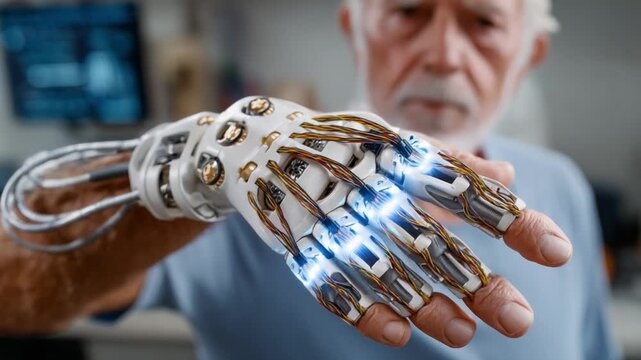 Embracing Tomorrow: A senior man showcases a cutting-edge bionic hand, embodying the fusion of technology and human potential. Witness the dawn of a new era in prosthetics.