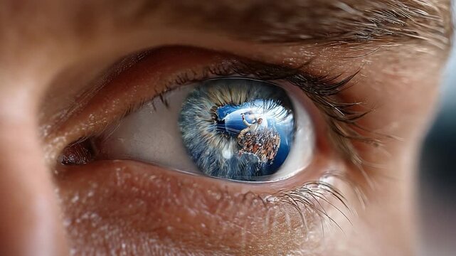 Eye of the World: A close-up view of an eye that captures the earth as the central focus, reflecting in its blue iris, signifying the beauty, the mystery, and the interconnectedness of our world.