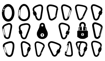 Carabiner icon set vector clip hook climber clasp silhouettes isolated on white © Md