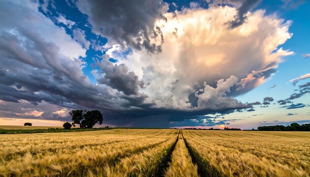 A golden wheat field stretches towards a stormy horizon beneath dramatic, billowing clouds at sunset