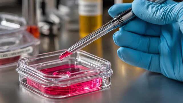 Science in Focus: A gloved hand carefully uses a pipette to extract a sample of vibrant red liquid from a laboratory dish, highlighting precision, analysis, and discovery.