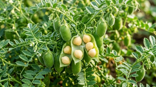 Close-up of fresh green chickpea pods bursting with creamy beans, ready for harvest in a sunny field.