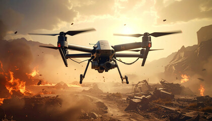 Naklejka premium Advanced drone monitors a chaotic war zone with fires and debris at sunset. A powerful image for military technology, disaster response, and aerial surveillance concepts in global media.