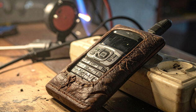 Vintage mobile phone in a worn leather case on a workshop bench. This gritty, nostalgic image represents technology evolution and repair culture, ideal for industrial design themes.